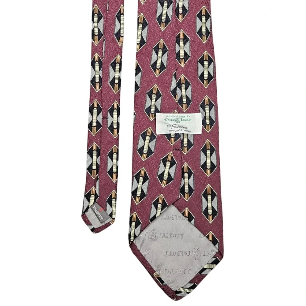 Robert Talbott Silk Tie Burgundy Red Geometric LONG Jacquard‎ Handmade USA